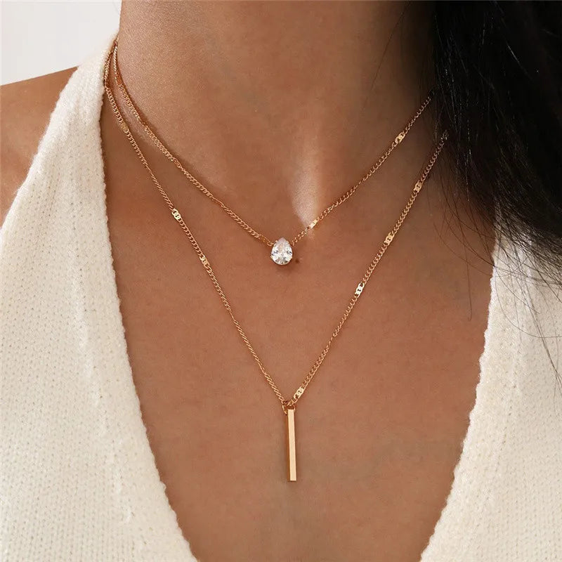 Chic & Stylish Three Layer Golden Metal Necklace with Three Pendants