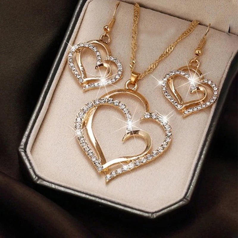 3-Piece Heart-Shaped Jewelry Set for Women – Rhinestone Double Heart Necklace & Earrings Pendant Set, Elegant Fashion Gift