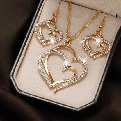 3-Piece Heart-Shaped Jewelry Set for Women – Rhinestone Double Heart Necklace & Earrings Pendant Set, Elegant Fashion Gift