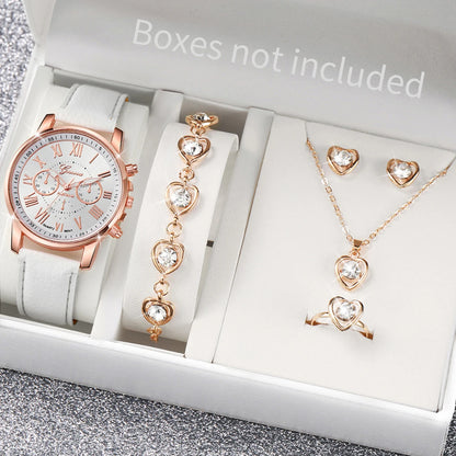 6PCS Women's Watch and Jewelry Set | Elegant Watch, Necklace, Bracelet, Earrings & Ring Gift Set