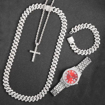 rendy Hip Hop Jewelry Set – 16mm Cuban Link Necklace, Bracelet & Watch for Men/Women