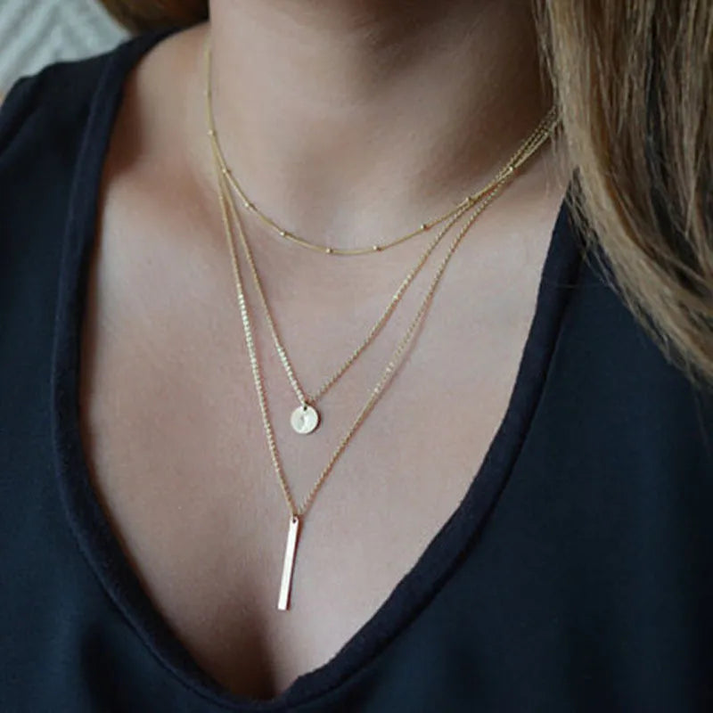 Chic & Stylish Three Layer Golden Metal Necklace with Three Pendants