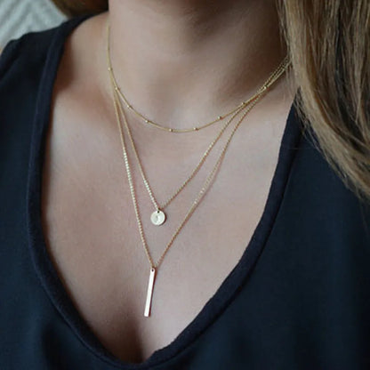 Chic & Stylish Three Layer Golden Metal Necklace with Three Pendants