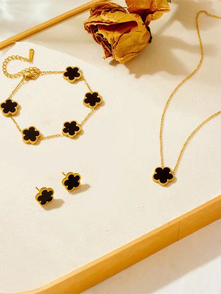 3-Piece Stainless Steel Jewelry Set – Plum Blossom Five-Leaf Necklace, Bracelet & Earrings for Women