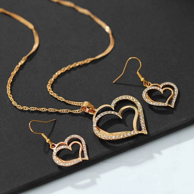 3-Piece Heart-Shaped Jewelry Set for Women – Rhinestone Double Heart Necklace & Earrings Pendant Set, Elegant Fashion Gift