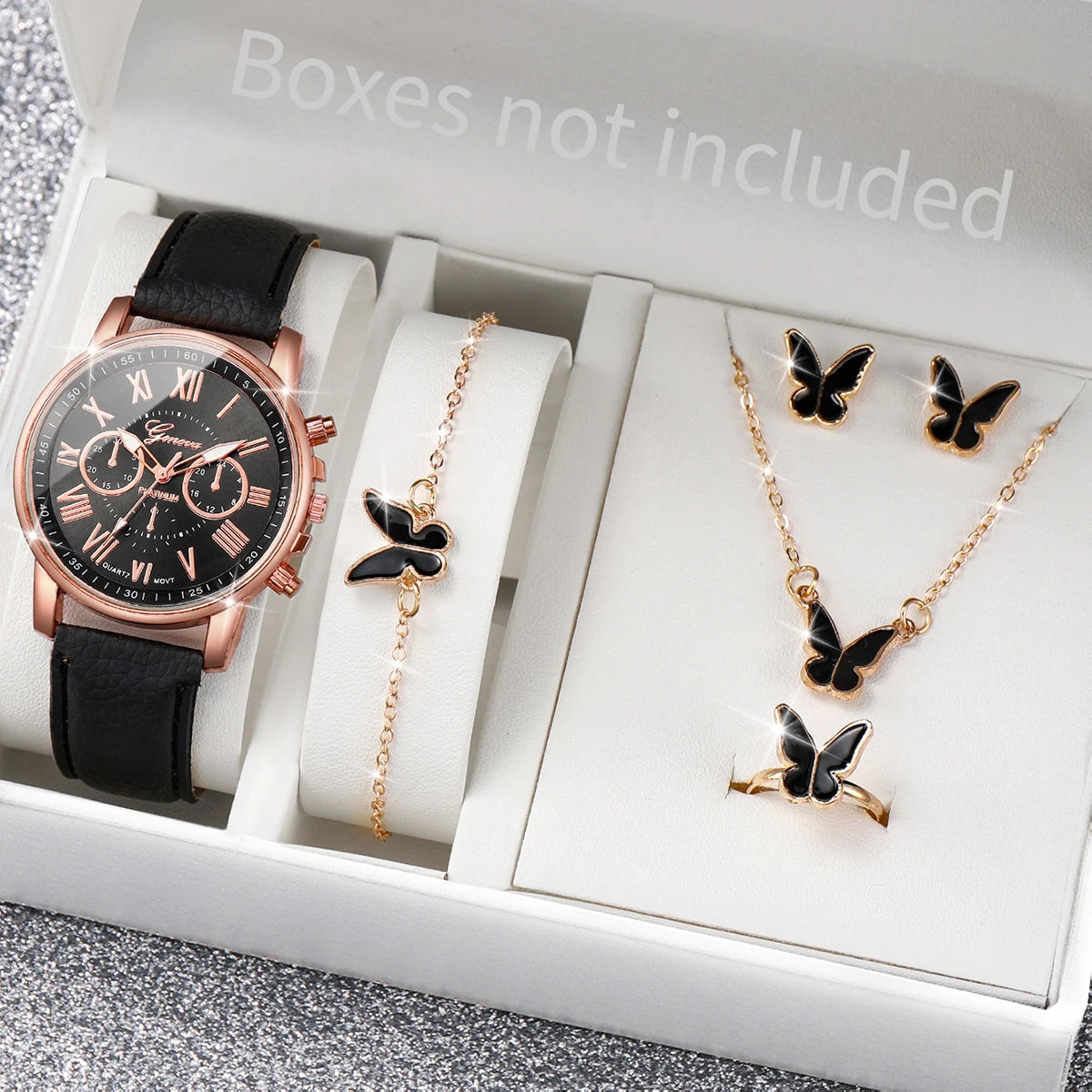 6PCS Women's Watch and Jewelry Set | Elegant Watch, Necklace, Bracelet, Earrings & Ring Gift Set