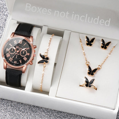 6PCS Women's Watch and Jewelry Set | Elegant Watch, Necklace, Bracelet, Earrings & Ring Gift Set